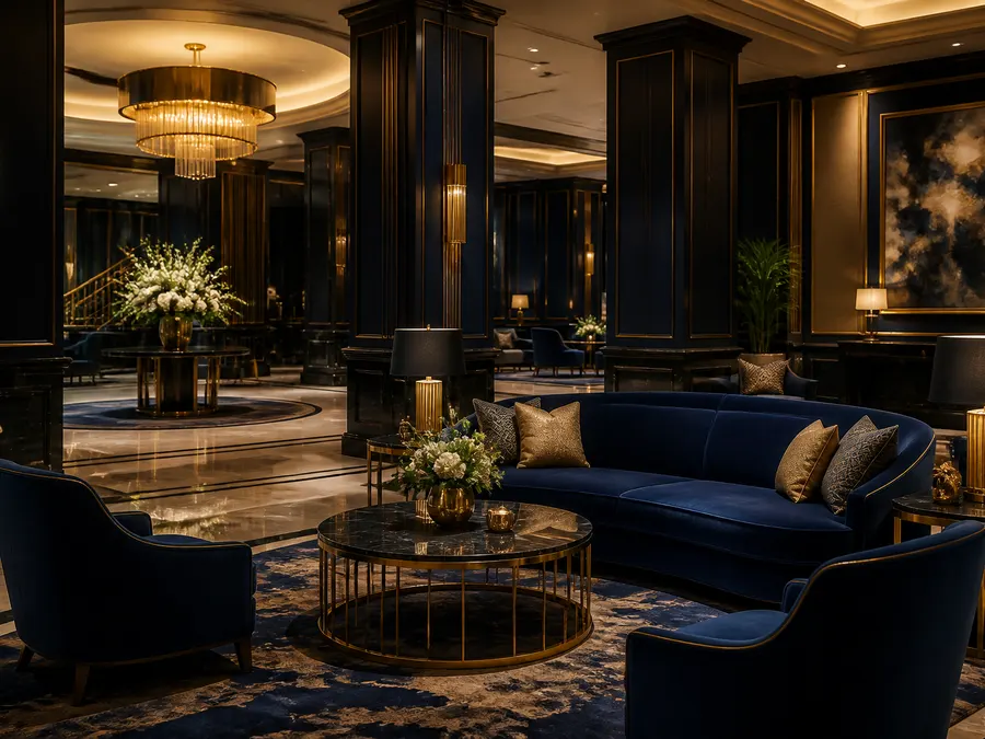 Modern szállodai lounge, kényelmes ülőgarnitúrával